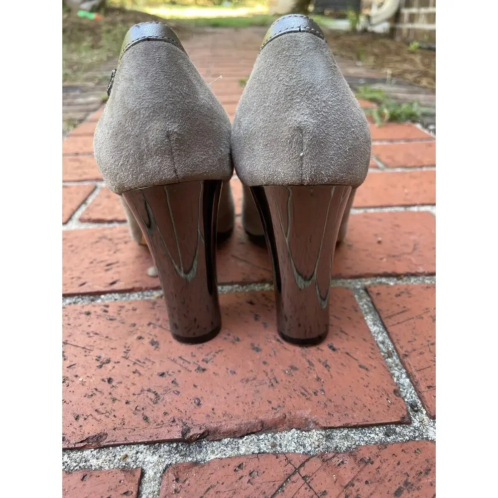 Cole Haan Slingback Peep Toe Pumps Sz 5B Taupe Suede Metallic Trim Block Heel